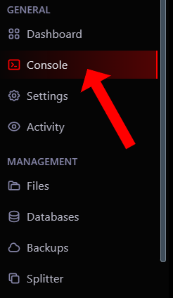 Menú de consola en el panel de control de XeroHost